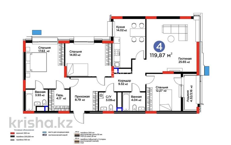 4-бөлмелі пәтер · 119.89 м² · 10/17 қабат, Толе би 54/1 — Конаев-Бигвилль GreenLine, бағасы: 112 млн ₸ в Астане, Нура р-н — фото 2