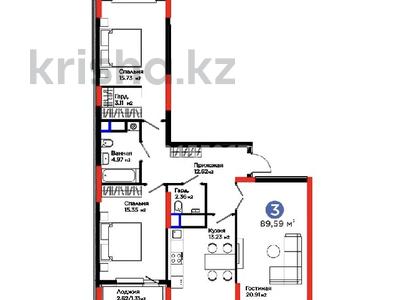 3-бөлмелі пәтер · 89.59 м² · 3/12 қабат, Турар Рыскулов 18/1, бағасы: 59.7 млн ₸ в Астане, Есильский р-н