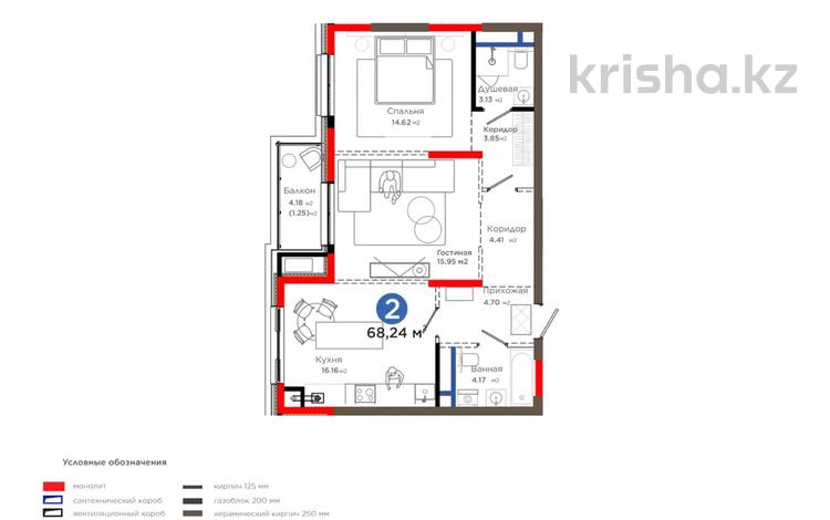 2-комнатная квартира · 68 м² · 3/6 этаж, Толеметова за ~ 63.3 млн 〒 в Шымкенте — фото 2