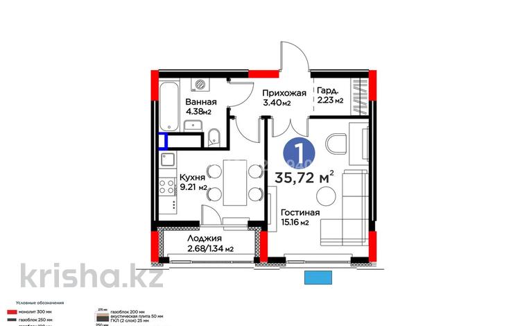 1-комнатная квартира · 35.72 м², E-117 55 за 26.5 млн ₸ в Астане, Есильский р-н — фото 2