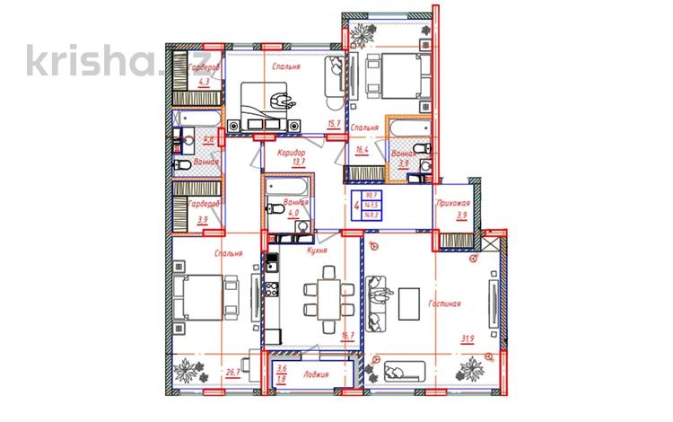 4-комнатная квартира, 147.5 м², 8/10 этаж, Микрорайон Береке 77