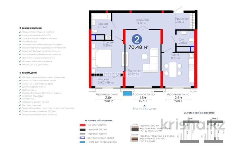 2-комнатная квартира · 70.48 м² · 20/20 этаж, Турар Рыскулова 1/1 за 63 млн ₸ в Астане, Есильский р-н — фото 2