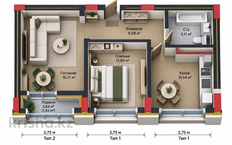2-бөлмелі пәтер · 57 м² · 9/9 қабат, Тараз 8/3, бағасы: 39 млн ₸ в Астане, р-н Байконур — фото 2