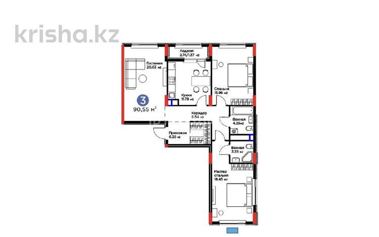 3-комнатная квартира · 91 м² · 8/9 этаж, ​Аль-Фараби проспект 73а за 58 млн ₸ в Астане, Есильский р-н — фото 4