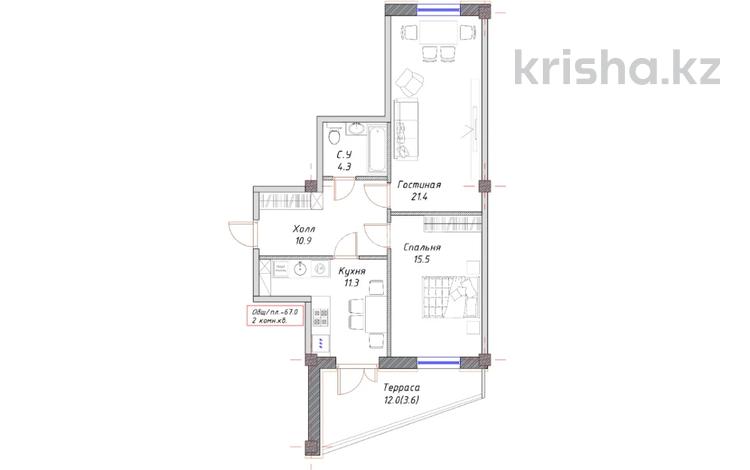 2-бөлмелі пәтер, 67.6 м², 3/3 қабат, 32 2/2, бағасы: 25 млн 〒 в Туркестане — фото 2