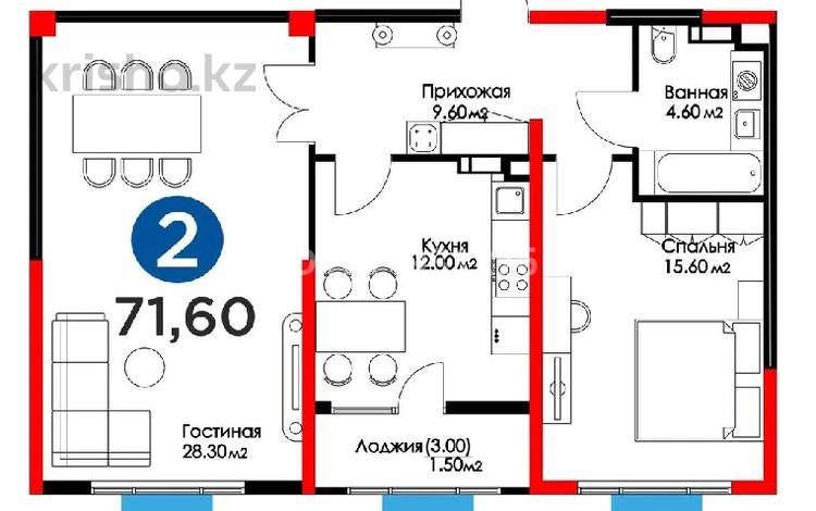 2-бөлмелі пәтер · 71 м² · 3/16 қабат, ул. Куаныша Тулеметова 64, бағасы: 43 млн ₸ в Шымкенте, Абайский р-н — фото 3