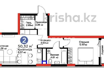 2-бөлмелі пәтер · 50.4 м² · 5/12 қабат, Турар Рыскулов 18/1, бағасы: 36.5 млн ₸ в Астане, Есильский р-н