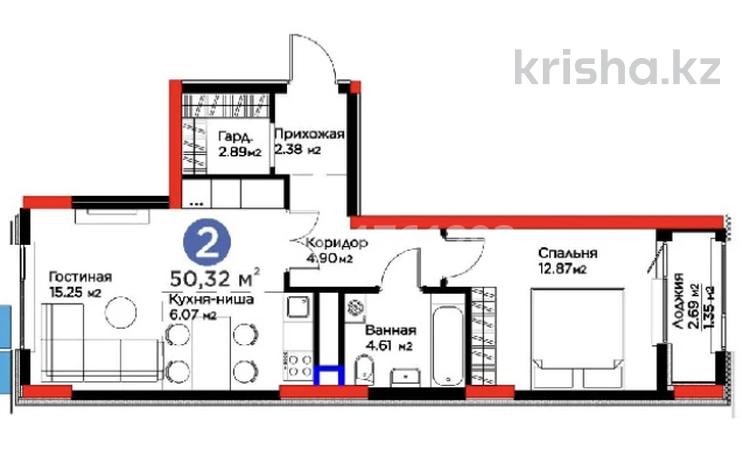 2-бөлмелі пәтер · 50.4 м² · 5/12 қабат, Турар Рыскулов 18/1, бағасы: 36.5 млн ₸ в Астане, Есильский р-н — фото 2