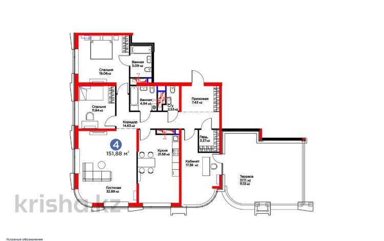 4-бөлмелі пәтер · 152 м², Кунаева, бағасы: ~ 195.4 млн ₸ в Шымкенте, Аль-Фарабийский р-н — фото 2