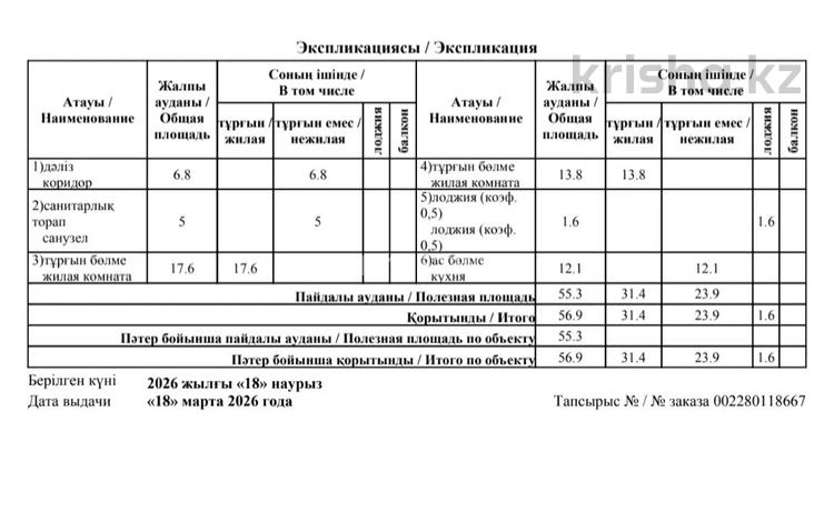 2-бөлмелі пәтер · 56.9 м² · 4/6 қабат, мкр Кайрат, Тараз 8/1, бағасы: 47 млн ₸ в Алматы, Турксибский р-н — фото 3