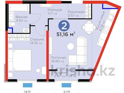 2-комнатная квартира, 51.16 м², 2/12 этаж, Байдибек би 115/10 за ~ 23.4 млн 〒 в Шымкенте, Аль-Фарабийский р-н