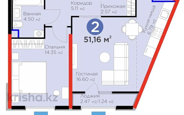 2-комнатная квартира, 51.16 м², 2/12 этаж, Байдибек би 115/10 за ~ 24.7 млн 〒 в Шымкенте, Аль-Фарабийский р-н — фото 2