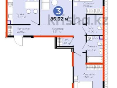 3-бөлмелі пәтер · 86.32 м² · 2/6 қабат, Тараз, бағасы: ~ 69.1 млн ₸ в Алматы, Турксибский р-н