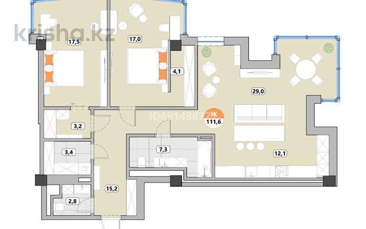 3-бөлмелі пәтер, 111.6 м², 2/7 қабат, мкр Горный Гигант, Жамакаева 254/2 — Пр. Аль-Фараби - ул. Нурлан Каппарова, бағасы: ~ 120.5 млн 〒 в Алматы, Медеуский р-н — фото 2